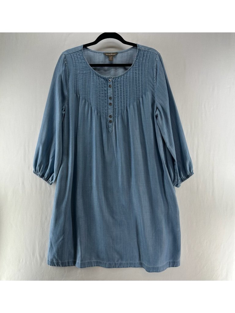 Tommy Bahama Pintuck Henley Denim Dress Womens L Tencel 3/4 Balloon Sleeve Blue
